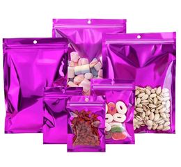 Zip Lock Purple Mylar Foil Duidelijke plastic zak met hanggat traan Notch Zelfafdichting herbruikbaar voedsel Candy Chocolate Pack