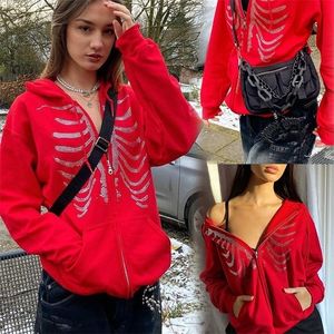 Sudadera con capucha roja gótica con cremallera Y2k otoño mujer calavera Casual sudadera de gran tamaño Punk Egirl Harajuku chaqueta de manga larga 220801