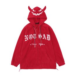 Sudadera con capucha y cremallera para mujer, chaqueta Y2K con bordado de letras y cuernos de diablo, abrigo polar, ropa de calle Harajuku Retro holgada Punk gótica