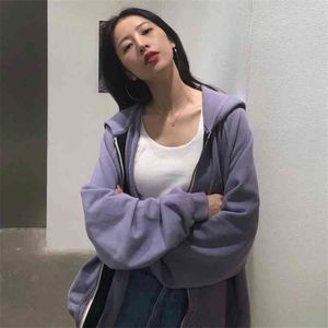 Zip Up Sweat À Capuche Pour Femme Printemps Coréen À Manches Longues Violet Sweetshirts Lâche Veste Décontractée Harajuku Hoodies Chic Femme Vêtements 210803