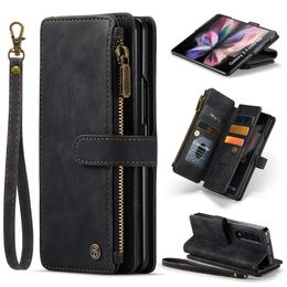 Zipper 10 Cards Wallet Phone Case pour Samsung Galaxy Fold 3 Fold 4 5G Slot Rerto PU Sac en cuir