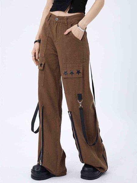 Zipper Brown Cargo Jeans Femmes Été Nouveau Design Rétro Américain Style De Rue Droite Jambe Large Mopping Denim Pantalon Femme T220728