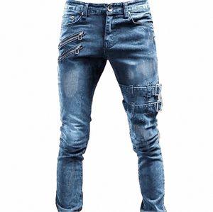 Zipper Decorati Slim Fit Biker Jeans Hommes Cott Stretchy Ripped Skinny Jeans Haute Qualité Hip Hop Noir Oversize Denim Pantalon Z4ww #