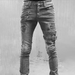 Cremallera Decoración Slim Fit Biker Jeans Hombres Algodón Elástico Rasgado Flaco Alta Calidad Hip Hop Negro Oversize Denim Pantalones 240227