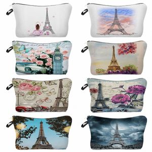 Fermeture à glissière Femelle Tour Eiffel Imprimé Lady Maquillage Sac Crayon Cas Pour Fille Voyage Casual Femmes Sac Cosmétique Portable Trousse de toilette C6yK #