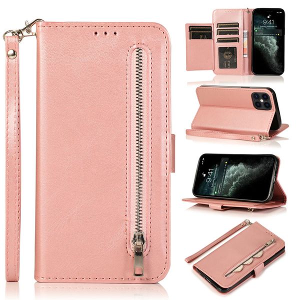 Cremallera Flip Card Holder Stand Wallet Funda de cuero para teléfono para iphone 14 13 12mini 11Pro Max XS XR 8 7 6S Plus SE2