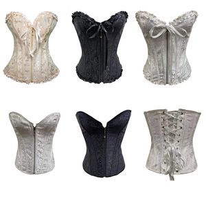 Zipper Frill Jacquard Brocade Corset Nouveau Gros Plus la taille Lace up Femmes Ruban Floral Broderie Overbust Sexy Dance Bridal Corse Bustiers XS-4XL Noir Blanc