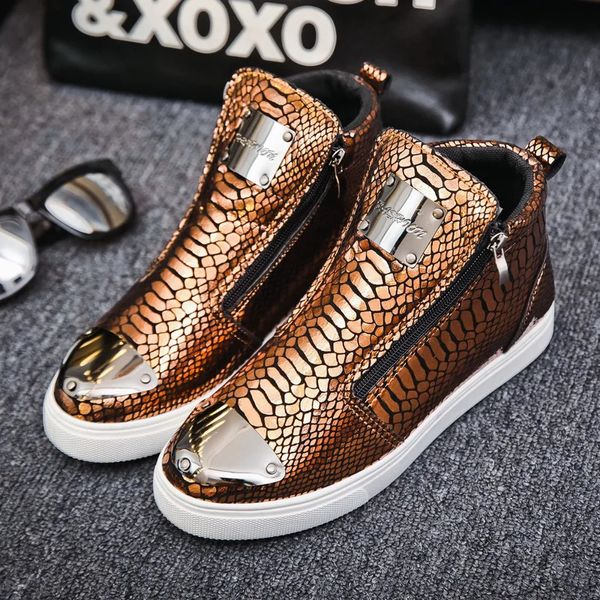 Baskets montantes à fermeture éclair pour hommes, chaussures en cuir à la mode, de luxe, dorées, décontractées, Hip Hop Rock, 240125