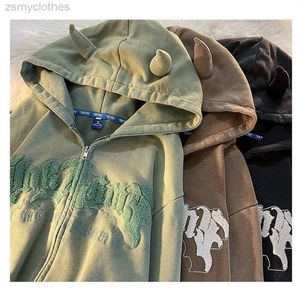 Sudadera con capucha con cremallera Lindo cuerno Carta bordado Cárdigan con capucha Suéter deportivo callejero Hombres y mujeres Chaqueta retro de gran tamaño Y2K otoño243U