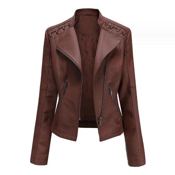 Chaqueta con cremallera para mujer, chaquetas de cuero de moda de manga larga lisas, chaqueta de PU estilo novio ajustada marrón, otoño e invierno