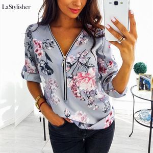 Zipper Lange mouw Womens Tops en Blouses Sexy V-hals Floral Print Dames Blouse Vrouwelijke Dames Casual Shirt Tops Plus Size 5XL