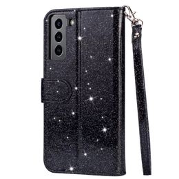 Fundas de teléfono para Samsung A35 A55 S24 S23 FE Plus Ultra A25 A24 A15 A05s Funda de cuero con purpurina, adorno de cristal de lujo, ranuras para tarjetas