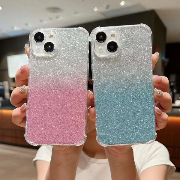 Bling Glitter Soft Tpu Tpu Shock a prueba de choques para iPhone 15 Pro Max 14 más 13 12 11 x xs xr 8 7 6 iPhone15 orificio fino de lujo cuatro esquinas espumosas de celda móvil cubierta de la piel del teléfono móvil