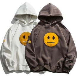 Bolso com zíper Smile Face Patchwork Fleece Hoodies Sweatshirts Streetwear Masculino Hip Hop Pulôver Casual com Capuz Masculino Tops