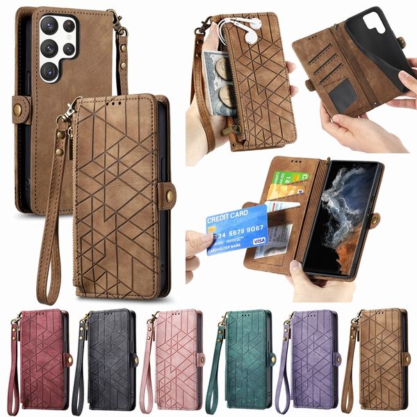 Étuis portefeuille en cuir PU à glissière pour Samsung M54 M14 A24 A04E A14 A34 A04E A54 F14 S23 Ultra S22 Plus Rétro Géométrie Fente pour carte de crédit Poche Flip Cover Holder Book Pouch