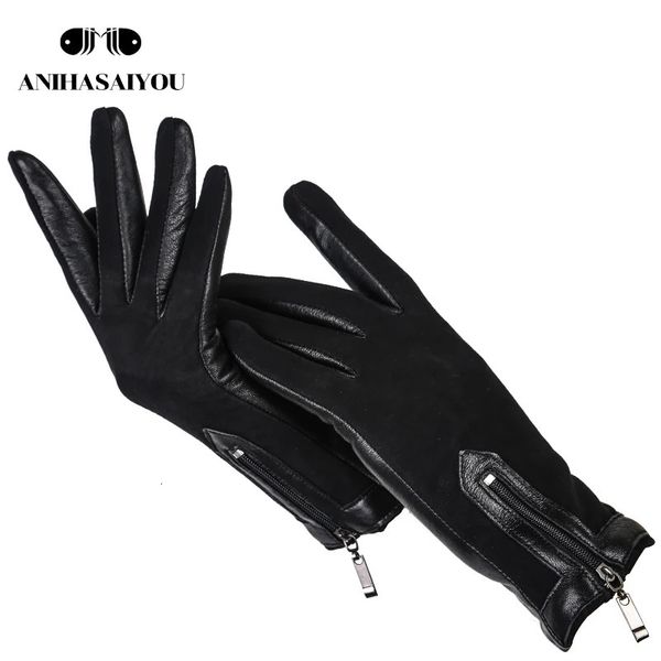 Guantes cortos de cuero con cremallera para mujerGuantes de invierno de piel de oveja de alta calidad para mujerGuantes de mujer negros de cuero mate - 0716 240125