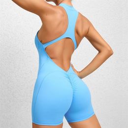 Combinaison sportive à fermeture éclair femme Lycra courte Fitness salopette de gymnastique vêtements d'entraînement pour femmes ensemble de Sport vêtements de Yoga bleu 240306