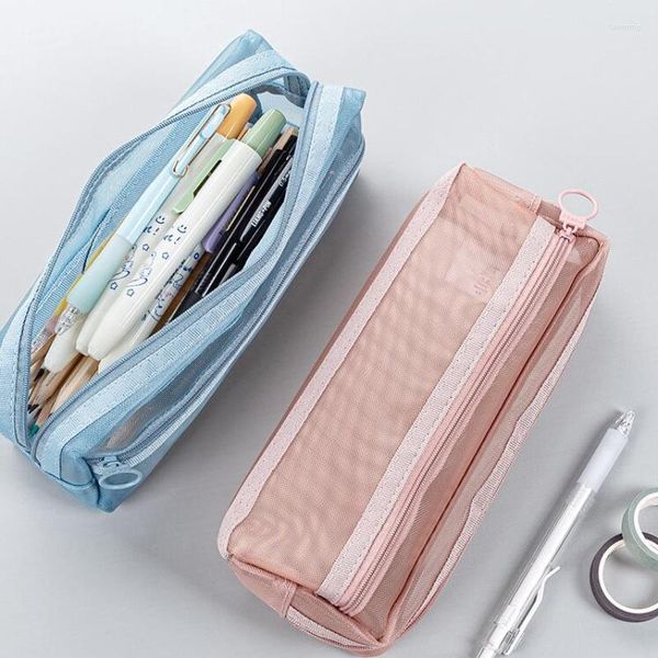 Bolsa de lápices de malla transparente con cremallera, soporte de papelería de gran capacidad, bolsa redonda, estuche de bolígrafo, suministros escolares para estudiantes