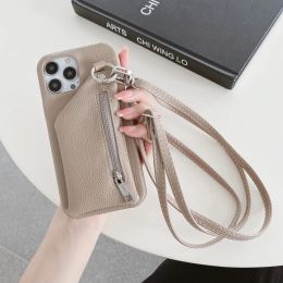 Zipper Wallet Crossbody Lanyard telefoonhoesje voor iPhone 15 14 Pro Max 13 12 11 XS XR 8 7 Plus Kaart Pocket Coin Purse Leather Cover