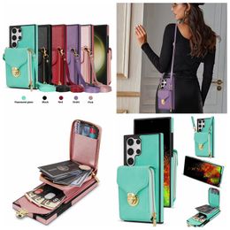 Étuis en cuir pour portefeuille à fermeture éclair pour Samsung S23 Ultra S22 Plus S21 FE A54 A14 A12 5G A53 A13 Pack multifonction PU Pouch Girls Cash Soft TPU Couverture arrière avec lanière d'épaule