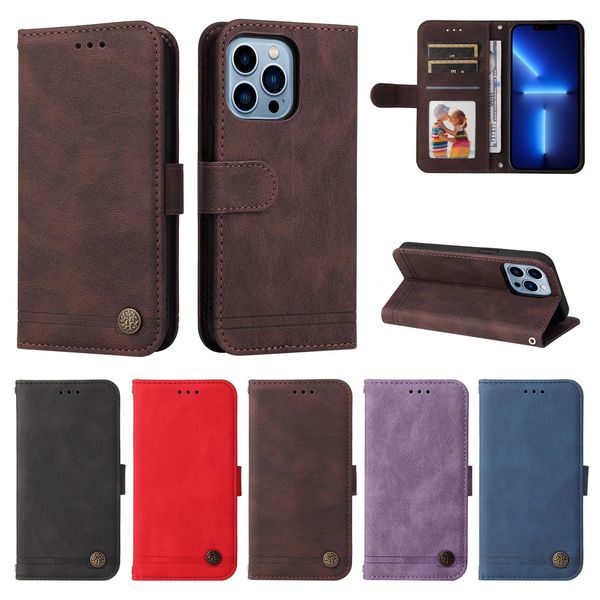 Étuis de téléphone portefeuille pour iPhone 14 13 12 11 Pro X XR XS Max 7 8 Plus - Peau de couleur pure en cuir PU Flip Kickstand Cover Case avec fentes pour cartes