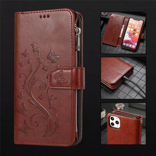 Étuis de téléphone portefeuille pour iPhone 13 12 11 Pro Max X XS XR 7 8 Plus Papillon Gaufrage PU Cuir Flip Kickstand Cover Case avec Zipper Porte-Monnaie et 5 Emplacements pour Cartes