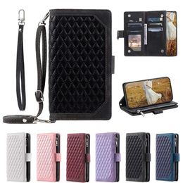 Étuis de téléphone de portefeuille à fermeture éclair pour iPhone 15 14 13 12 11 Pro Max XR XS x 7 8 Plus motif rhombique PU Le cuir flip kickstand couvercle avec machines à sous et bandoulière multi-cartes et bandoulière