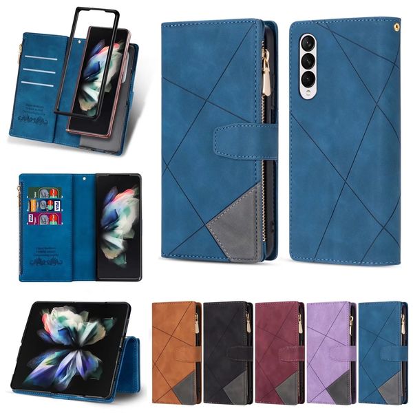 Fundas para teléfono Samsung Galaxy Z Flod4 Fold3 - Funda con tapa de cuero PU con costuras de dos colores con función atril y monedero con cremallera y ranuras para tarjetas