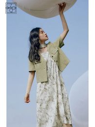 ZIQIAO Oriental tinta impresión Sling vestido elegante traje para mujer verano estilo elegante temperamento chaqueta abrigo mujeres rectas 240301