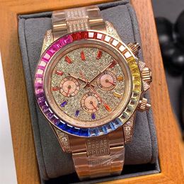 Relojes de pulsera de acero con diamantes llenos de circón Reloj mecánico automático para hombre 43 mm Montre de Luxe Relojes de pulsera para mujer Rainbow Diamond245I