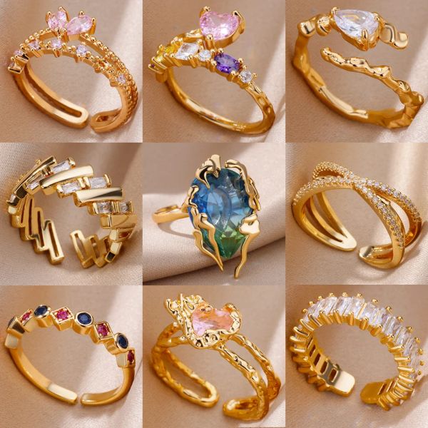 Bagues en forme de cœur en Zircon pour femmes, or jaune 14 carats, anneau ouvert, Design tendance, bijoux imperméables pour Couple de mariage, 2024