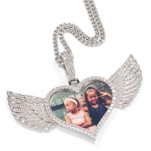 Zircon glacé Hip Hop bijoux coeur avec ailes cadre Photo pendentif à breloque Photo personnalisée pendentif collier