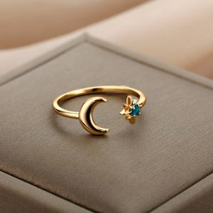 Zirkoon Maan Ringen Voor Vrouwen Rvs Glowing Moon Star Verstelbare Vinger Ring Esthetische Bruiloft Sieraden Gift bague femme