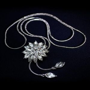 Collier Long flocon de neige en Zircon, chaîne de pull, chaîne en métal fin, cristal strass fleur, pendentif, colliers ajustés