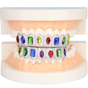 Dientes de circón para hombres y mujeres, joyería de Hip Hop, Piercing colorido, parrillas pavimentadas, tapa, conjunto inferior superior, regalo 240127