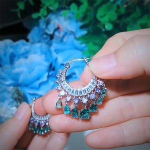 Pendientes de circonitas elegantes púrpura azul CZ cristal colgante gota de agua borla pendientes de aro moda nupcial boda Boho joyería