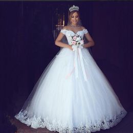 ZJ9143 2021 vestido de baile fuera del hombro vestidos de novia de manga corta vestido de novia apliques de encaje marfil blanco