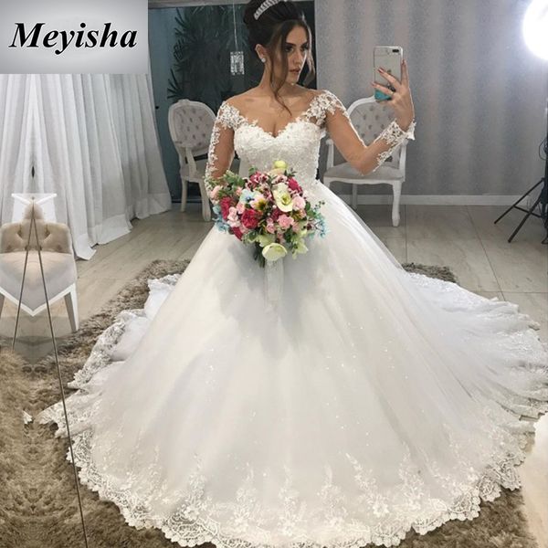 ZJ9214 Vestido de novia de manga de marfil blanco de diseño modesto 2021 Cuello de joya transparente de tul Manga larga con cordones Apliques en la espalda Vestidos de novia de talla grande 2-26W