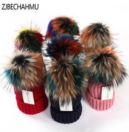 ZJBECHAHMU chapeaux hiver réel fourrure pompons 15cm chapeau chaud Skullies bonnets chapeau casquettes femmes fille mode coloré raton laveur 2020 nouveau 13823988