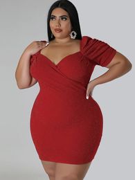 ZJFZML ZZ Plus Size damesjurken Luxe bodycon-jurk met lage hals en korte mouwen 2023 Hoge taille boven de knie Mini 240312