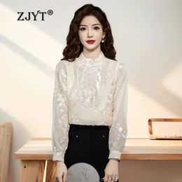 ZJYT Style chinois broderie chemises et chemisiers femmes à manches longues perles paillettes lâche Blusas élégant Vintage Camisas printemps 240322