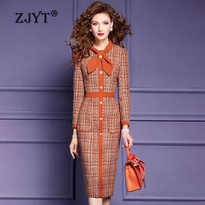 ZJYT élégant Plaid Tweed robes en laine pour les femmes printemps concepteur à manches longues grande taille Robe de bureau Orange fête Robe de travail 24030