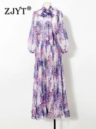 ZJYT Fashion Bohemian Style Purple Floral Imprimé maxi Mariffon Robe Femmes Elegant Bow Collar Long Vacation Beach Vestidos printemps 231227