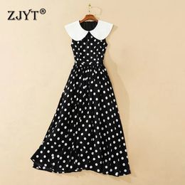 Zjyt Fashion vintage polka dot print jurken voor vrouwen zomer Peter pan kraag zwarte midi jurk elegant mouwloos vakantieraad 240329