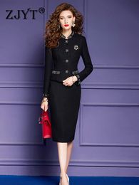 ZJYT Luxe kralen zwarte tweed jas rok set 2-delig voor vrouwen elegante formele feestjurk sets plus size kantoor dame outfit 231225