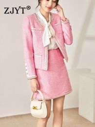 ZJYT luxe perles Tweed laine veste et jupe costume femmes élégant automne hiver bureau robe ensemble 2 pièces tenues pour la fête 231225