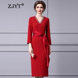 ZJYT luxe perles col en V rouge occasion formelle événement robes de soirée pour les femmes printemps 2024 élégant demi manches robe mi-longue droite 240306
