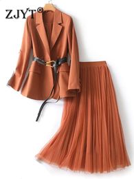 ZJYT Office Lady Blazer Suits Rokken Tweedelige Jurk Sets voor Vrouwen Elegante Outfit Lente Mode Conjuntos De Vestidos Oranje 240202