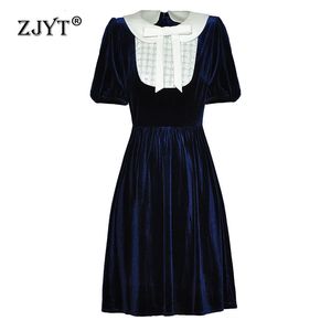 ZJYT Peter Pan Col Robes De Velours pour Femmes Perles Patchwork Vintage Bleu Noir Robe De Soirée Piste De Mode Printemps 2024 240306