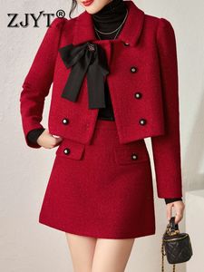 ZJYT Chaqueta y falda de lana de tweed con lazo rojo, traje de 2 piezas para mujer, conjunto elegante de minivestido de fiesta de Navidad para otoño e invierno 240223